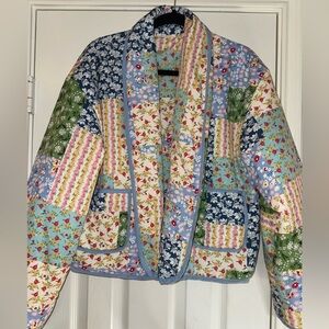 Sunday Up Women's Floral Patchwork Puffer Jacket - Blue, Green, Cream